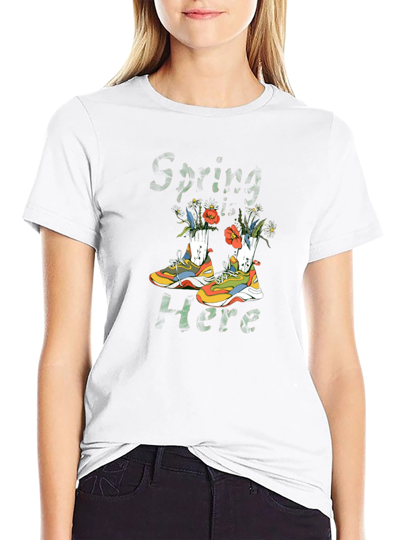 Spring Here T-Shirt with Shoe and Floral Design