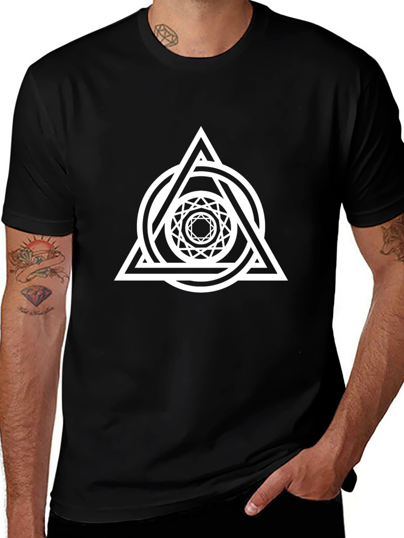 Geometric Triangle Circle Graphic Tee - Black Cotton Blend
