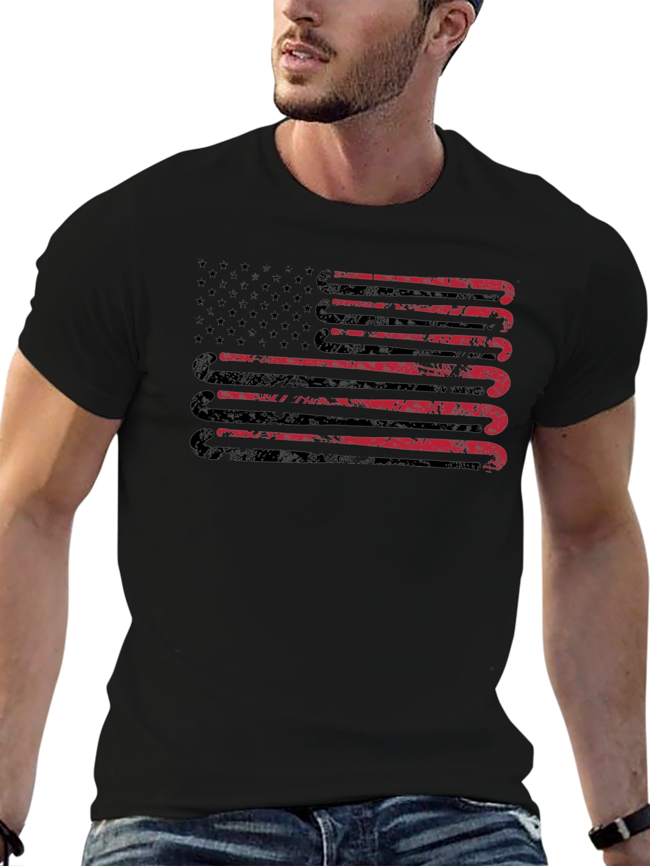 Distressed Hockey Sticks USA Flag Graphic T-Shirt