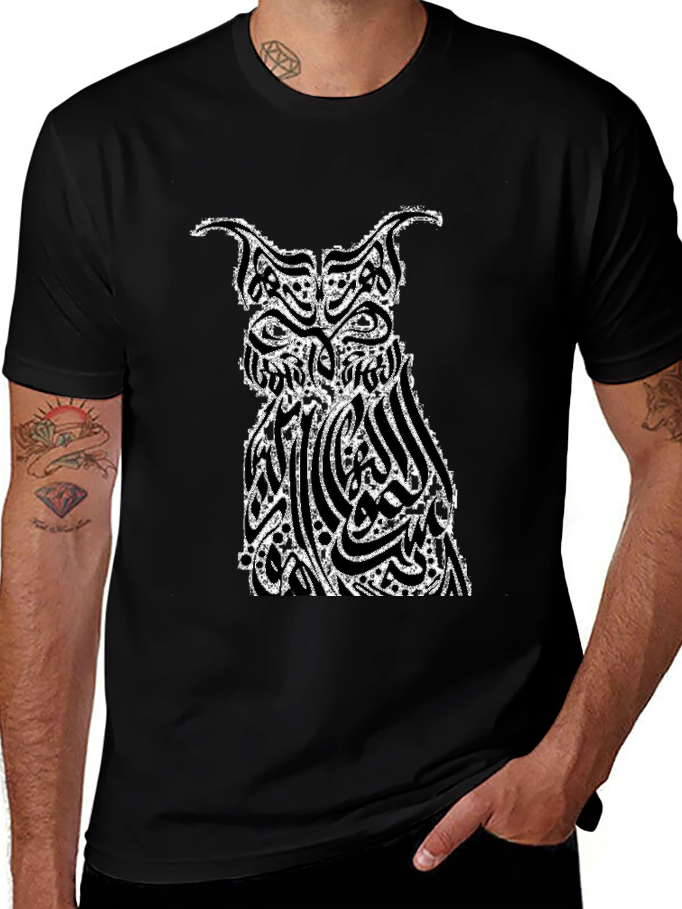 Owl Arabic Calligraphy Graphic Black T-Shirt