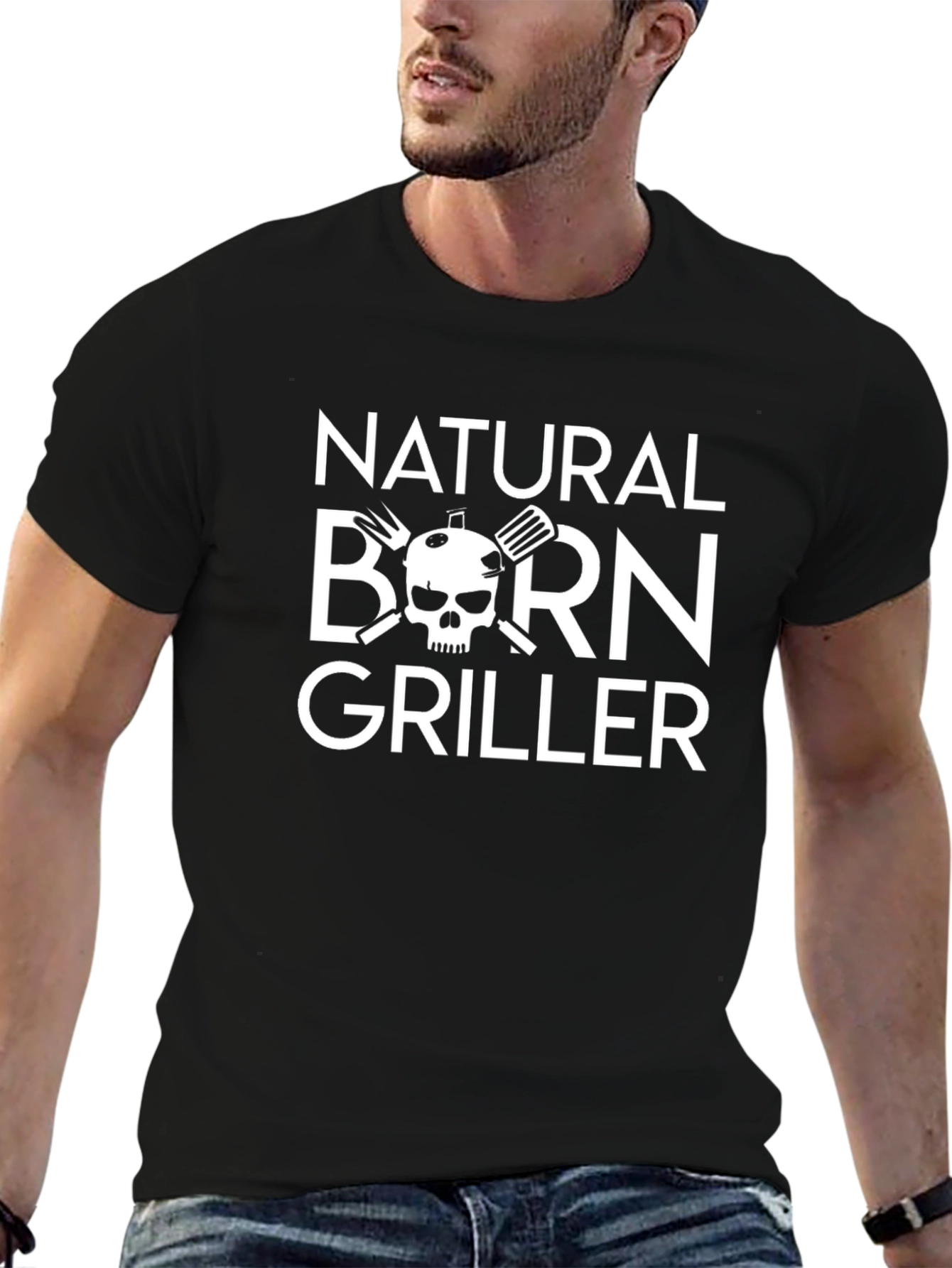Natural Born Griller Black T-Shirt BBQ Skull