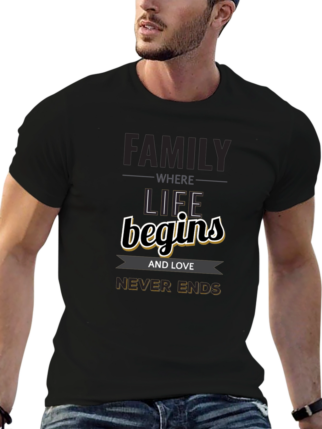 Family Begins T-Shirt - Love Never Ends