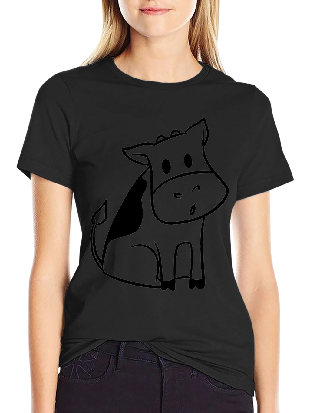 Black Cartoon Cow Graphic Tee