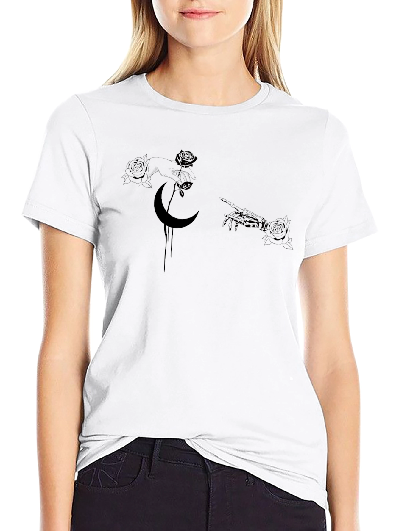 Gothic Moon & Rose Graphic Black T-Shirt