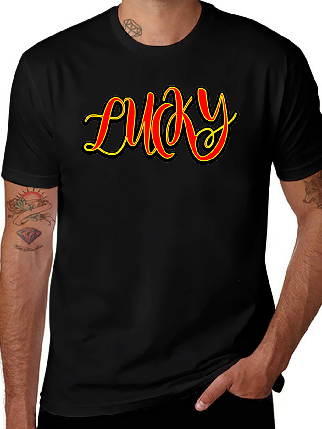 Lucky Graphic Print Mens Black T-Shirt