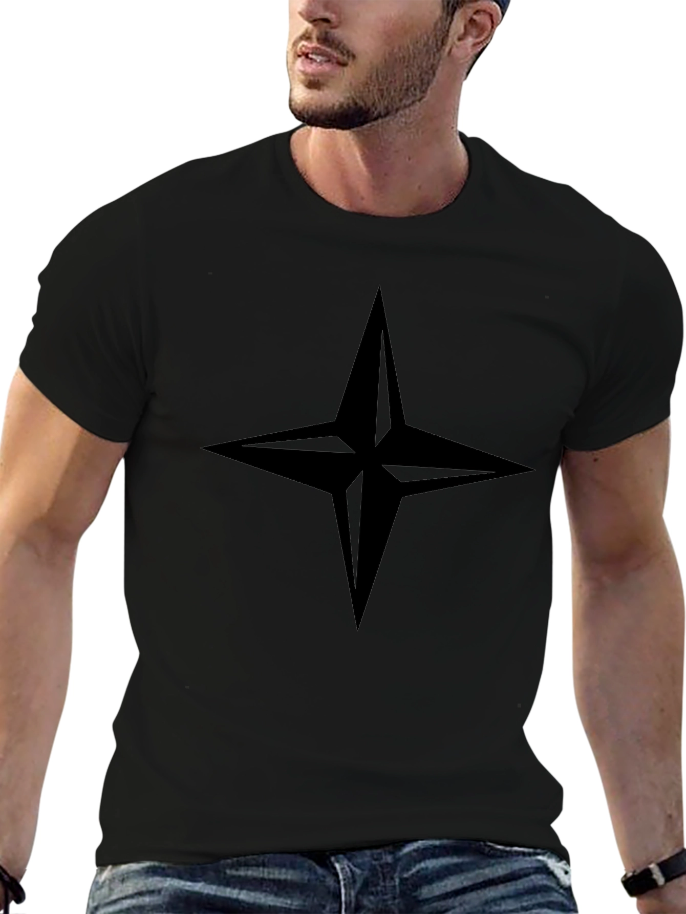 Stylish Black T-Shirt with Compass Star Design