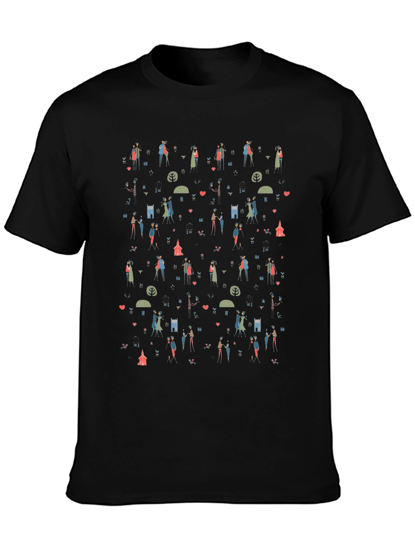 Quirky Couple Pattern T-Shirt - Black