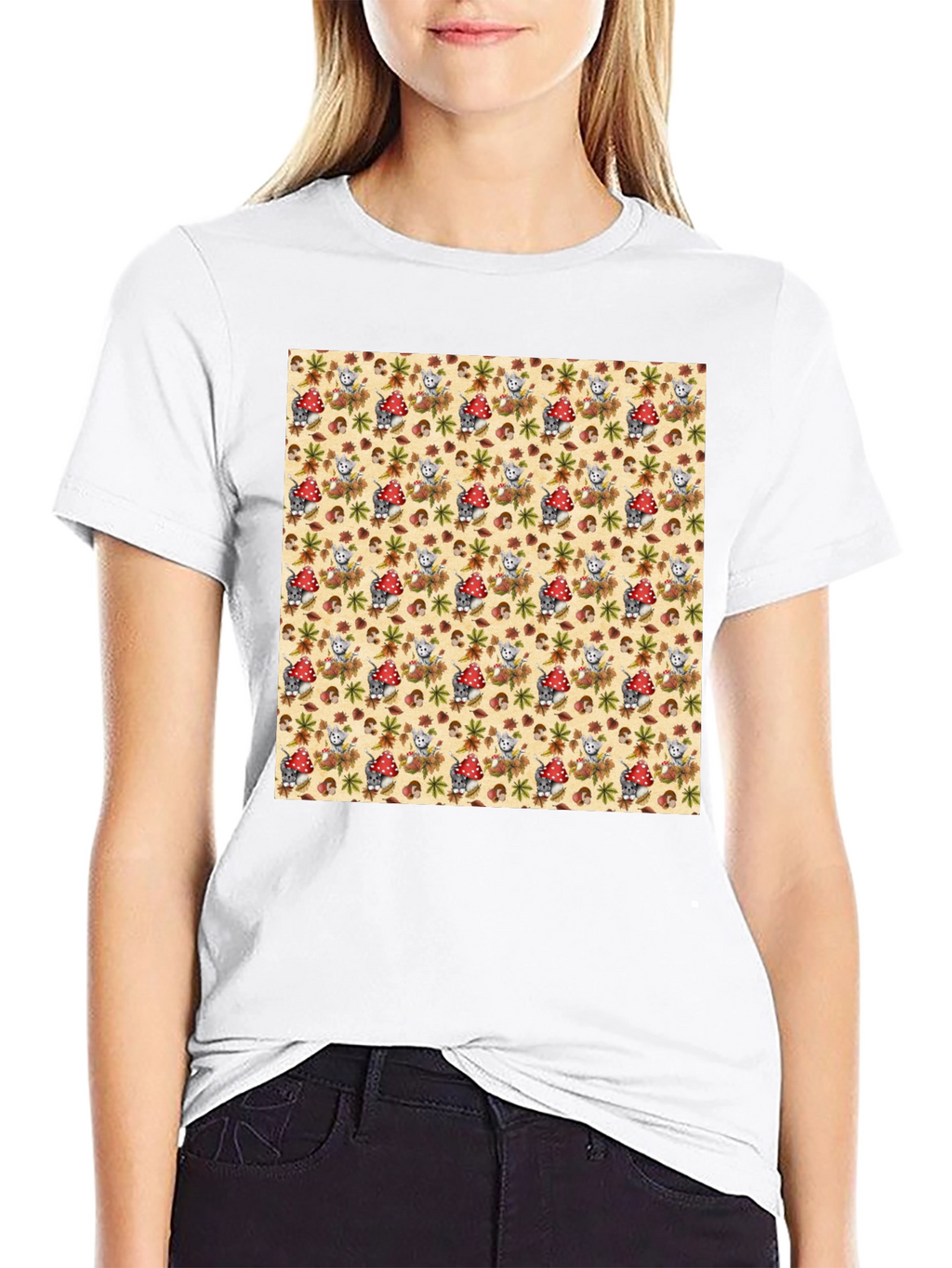 Funky Mushroom & Squirrel Print Black T-Shirt