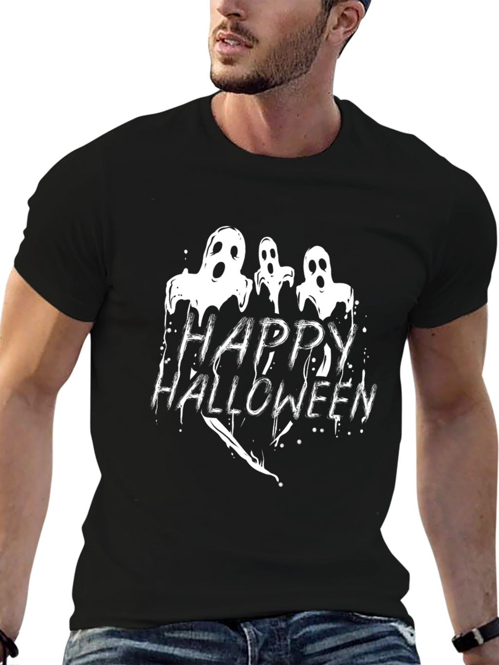 Happy Halloween Ghost Graphic Black T-Shirt