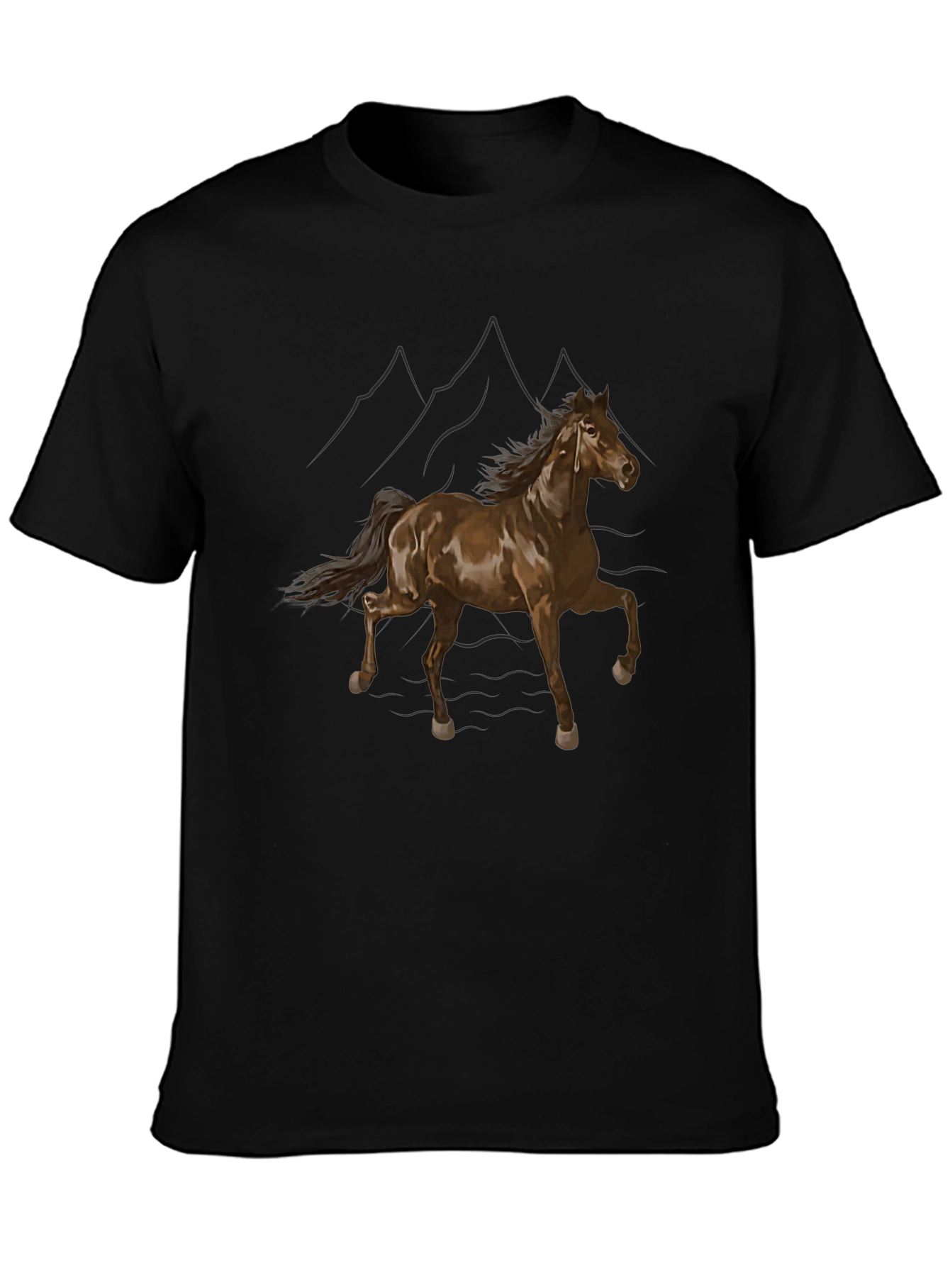 Black T-Shirt with Horse and Mountain Design