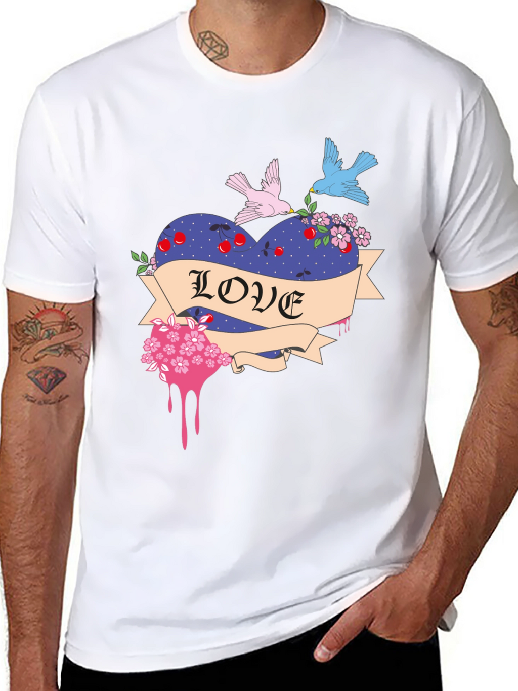 Love Heart Birds Graphic Black T-Shirt