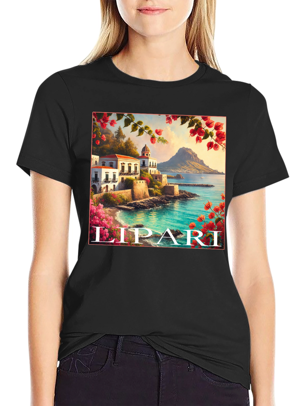 Lipari Island Graphic Tee - Black Cotton T-Shirt