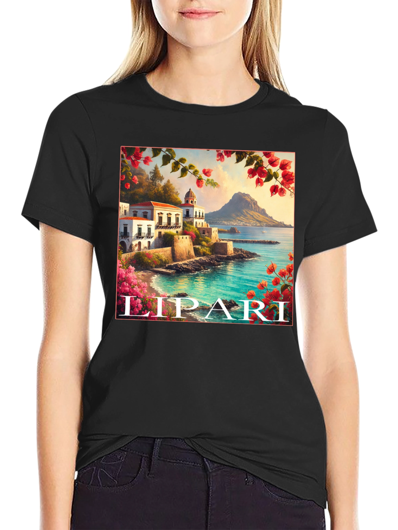Lipari Island Graphic Tee - Black Cotton T-Shirt