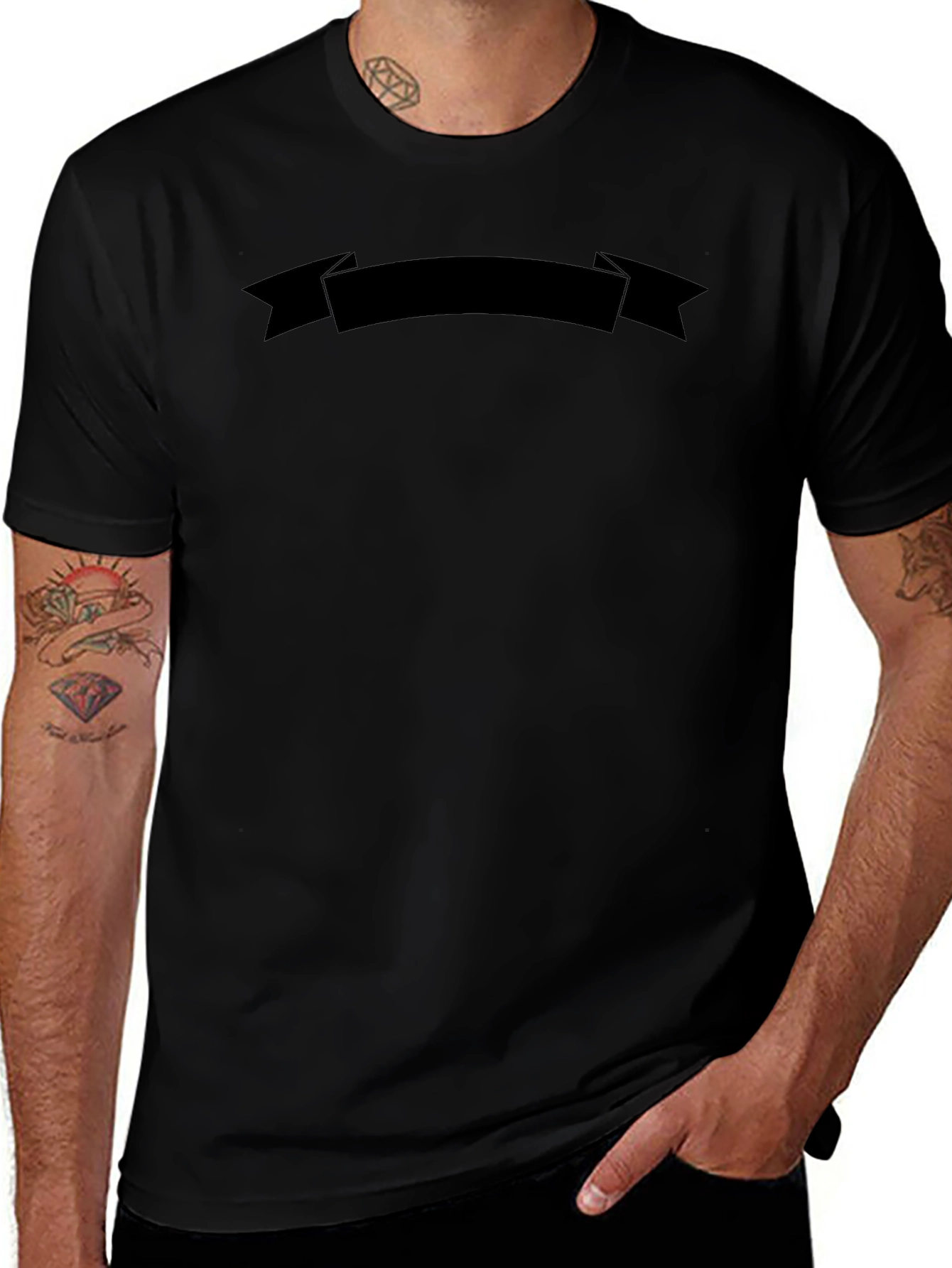 Mens Black Graphic Ribbon Crew Neck T-Shirt