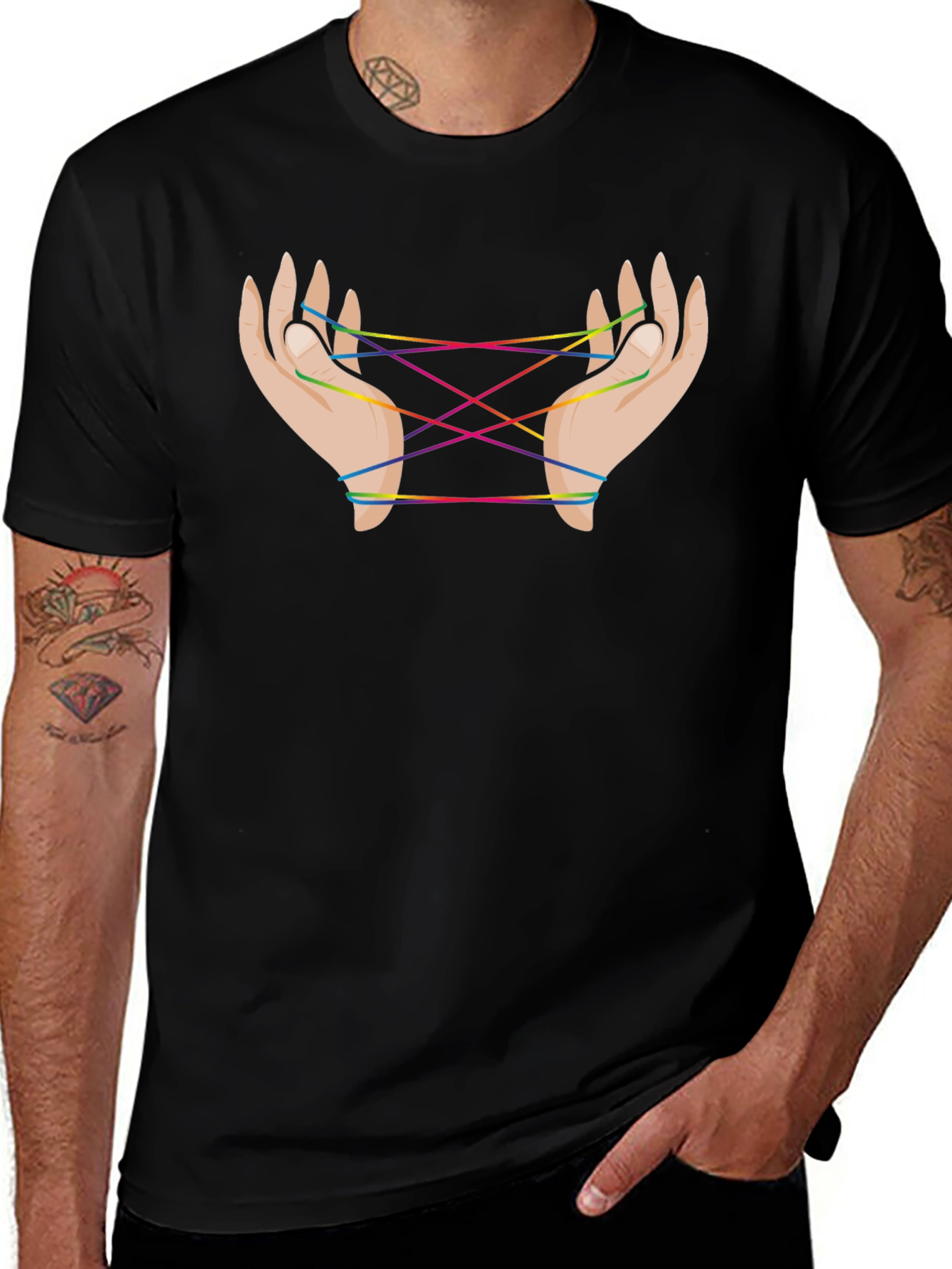 Rainbow String Hands Black Tee