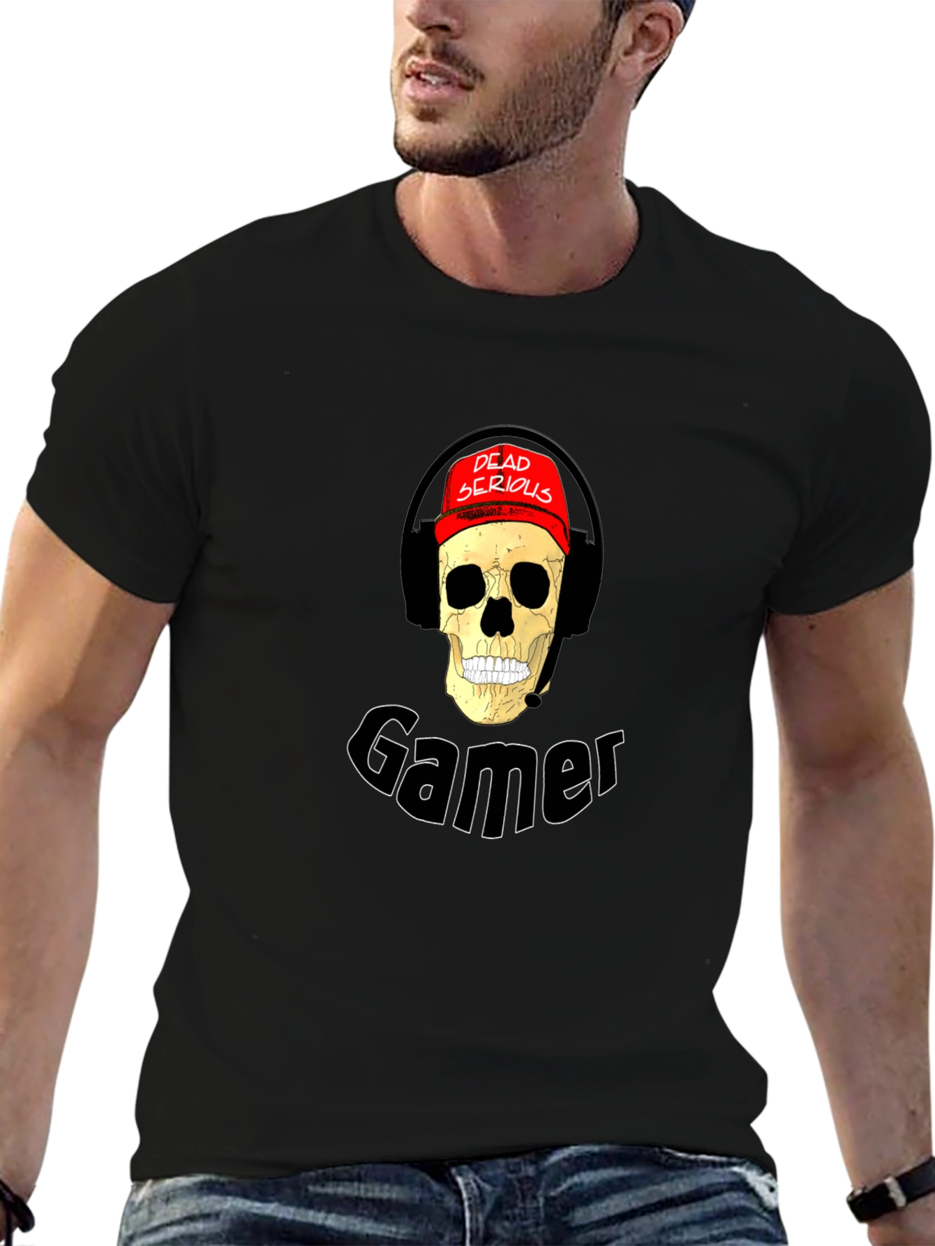Dead Serious Gamer Skull Graphic Tee - Black