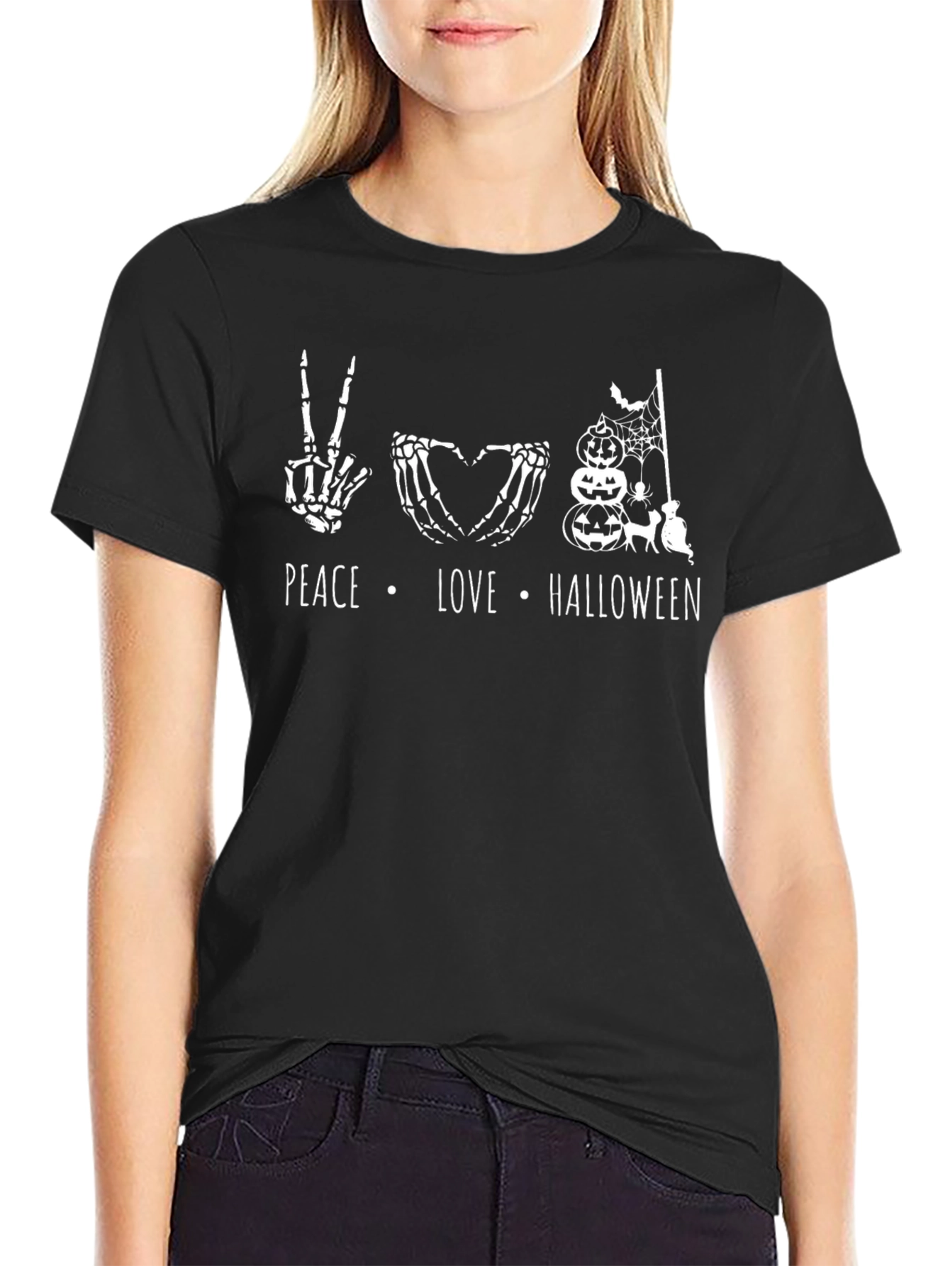Peace Love Halloween Skeleton Graphic Tee