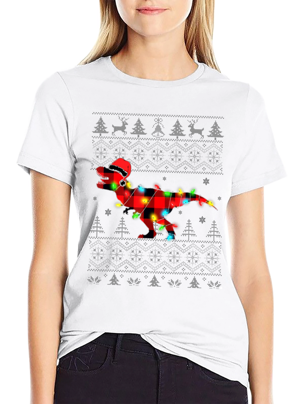 Plaid Dinosaur Christmas T-Shirt