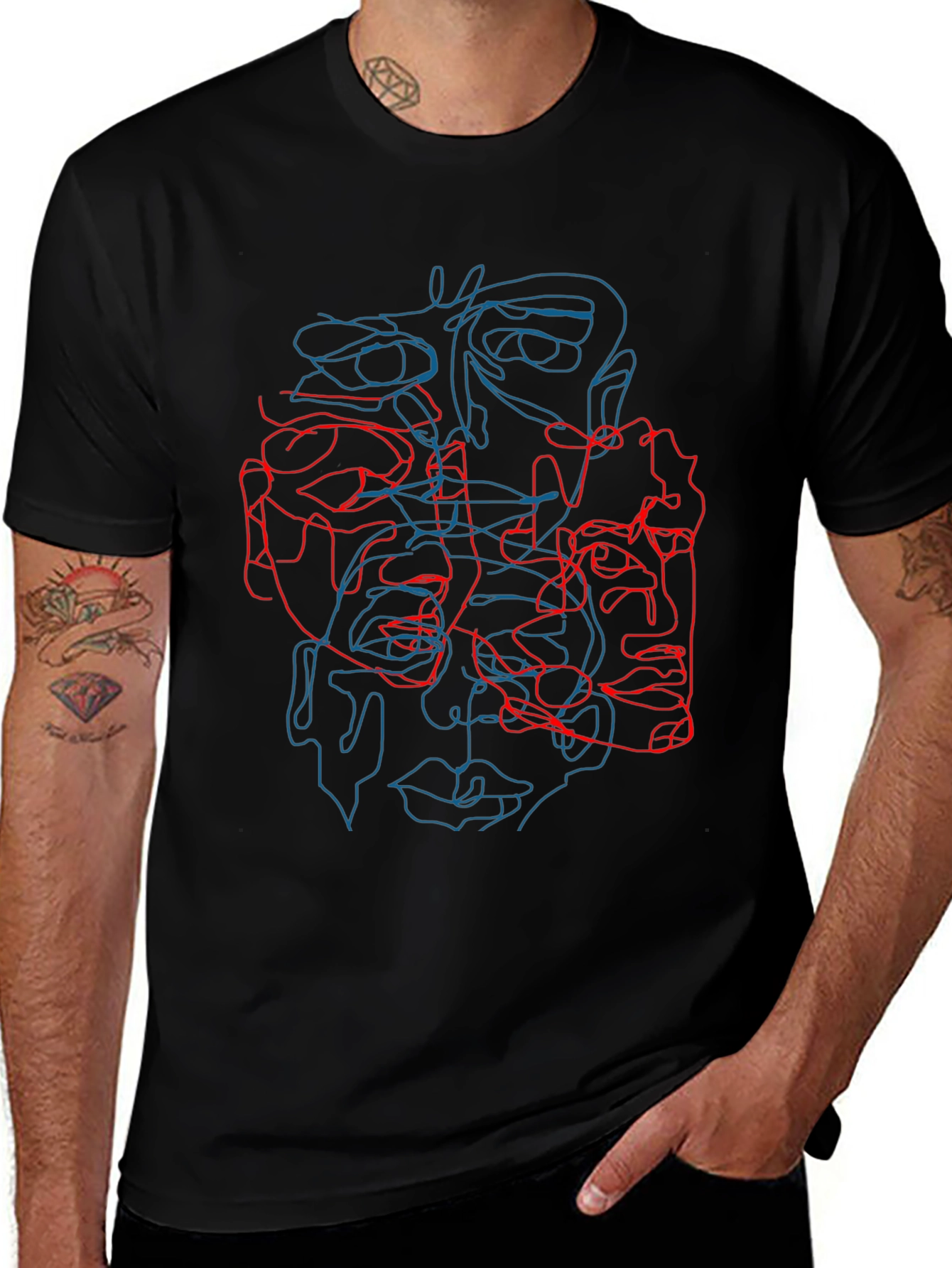 Abstract Face Line Art Graphic Tee - Black Cotton Shirt