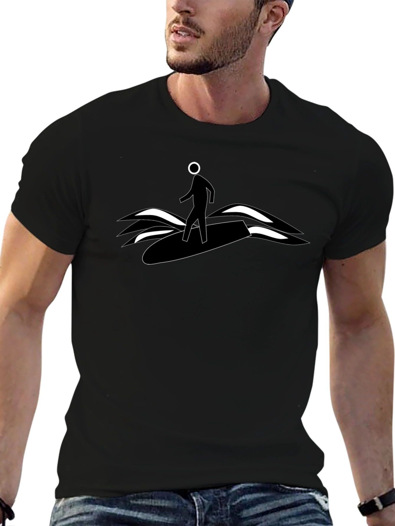 Surfer Dude Graphic Tee - Black Cotton T-Shirt
