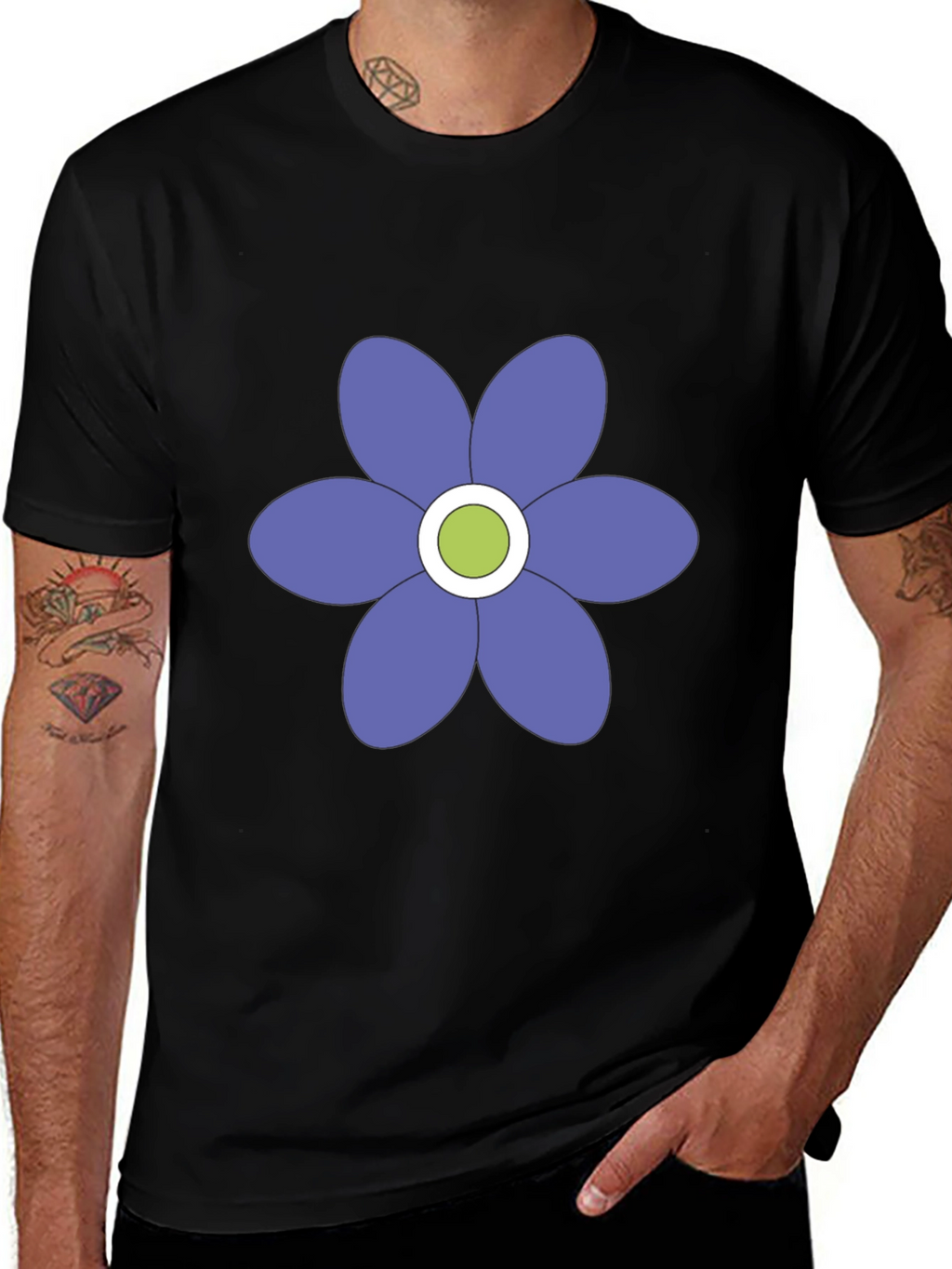Black T-Shirt with Purple Flower Graphic