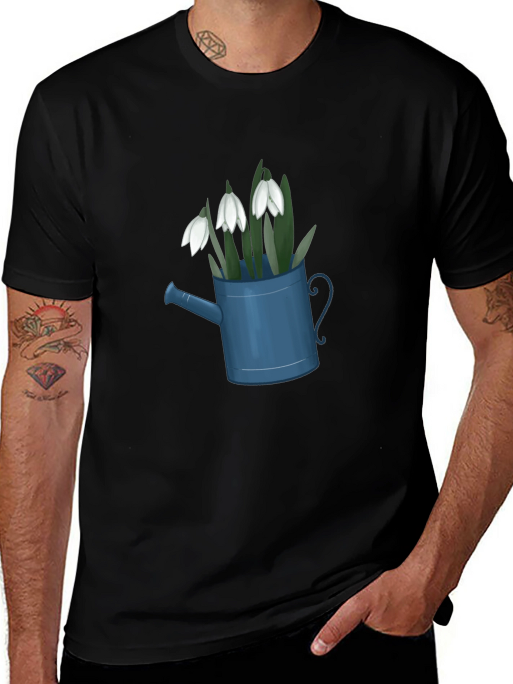 Snowdrop Flowers in Watering Can Black T-Shirt