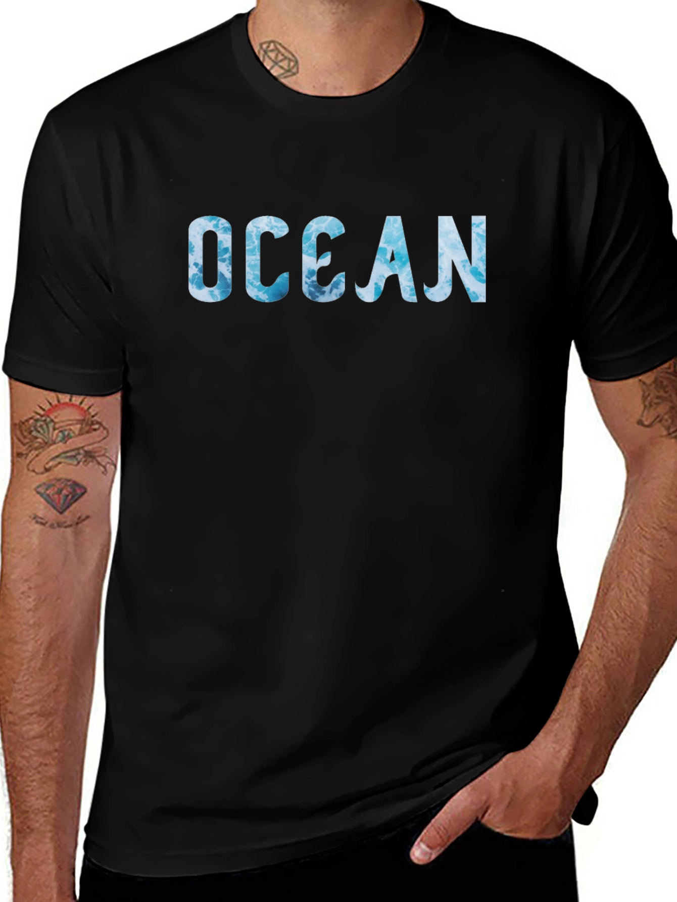 Ocean Wave Print Black T-Shirt