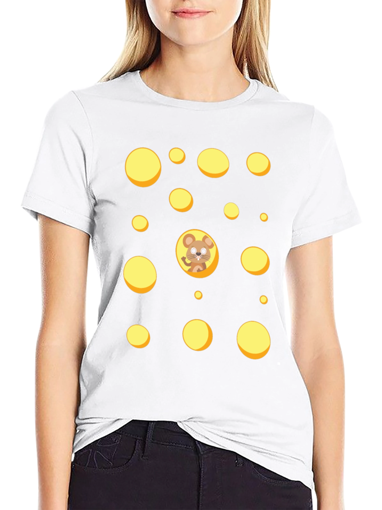 Cartoon Mouse & Swiss Cheese Holes Black T-Shirt