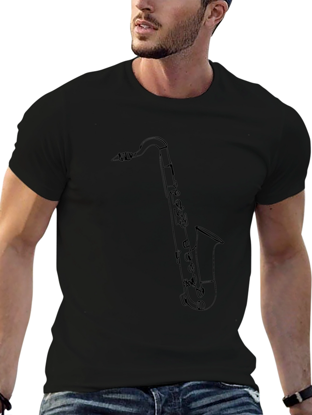 Saxophone Outline Graphic Tee - Black Cotton Blend