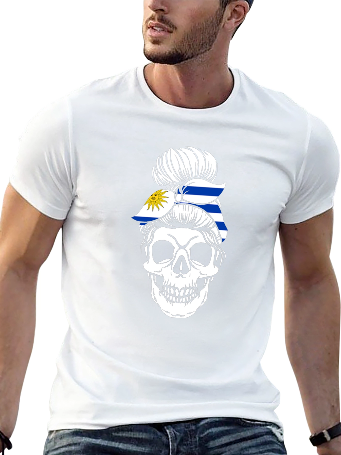 Uruguay Flag Skull Bun T-Shirt - Black