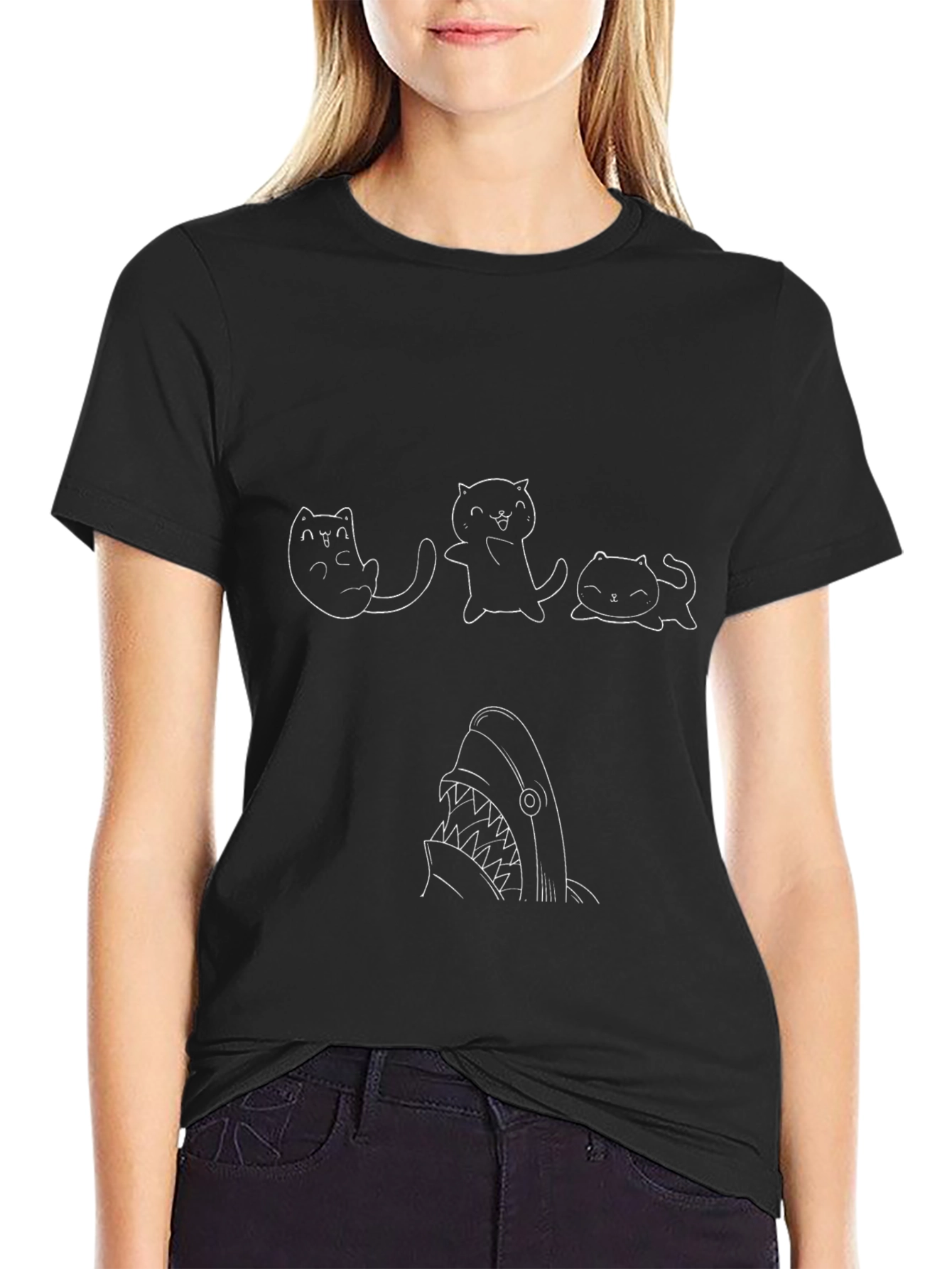 Cute Cat Shark T-Shirt - Black