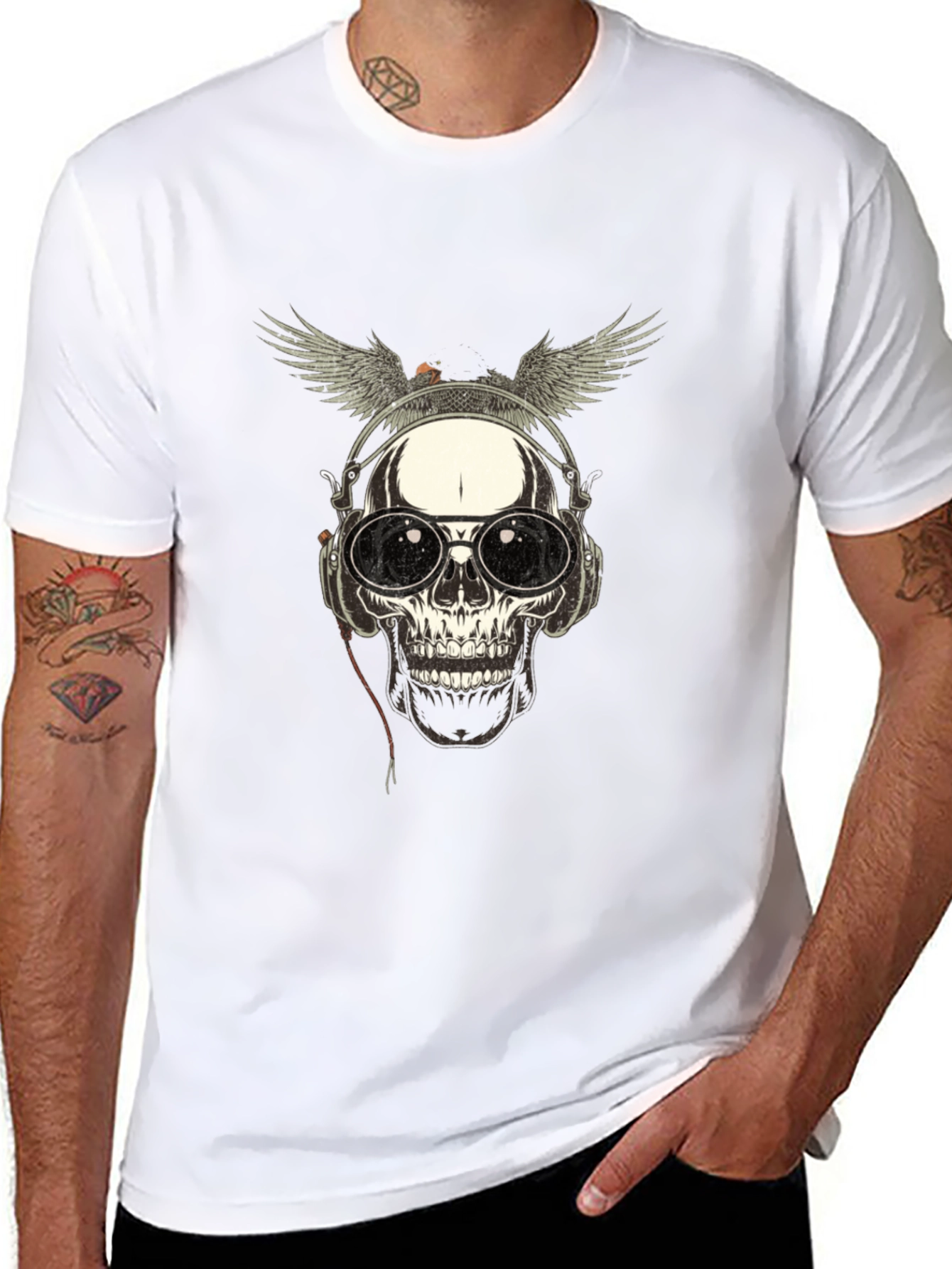 Skull with Wings & Headphones Graphic Tee - Black