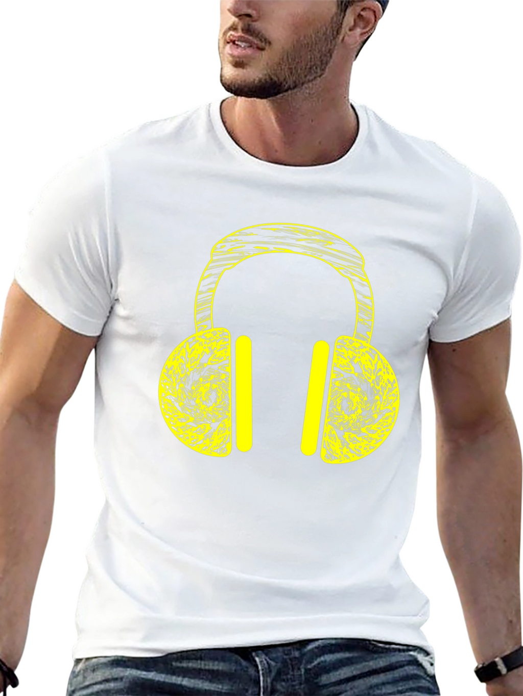 Black T-Shirt with Yellow Headphone Graphic Print