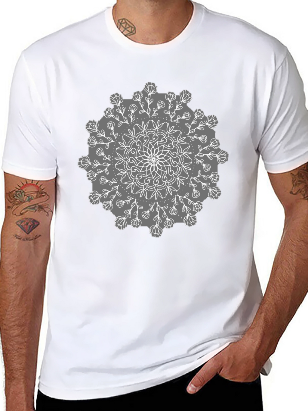 Black Tee with Mandala Flower Design