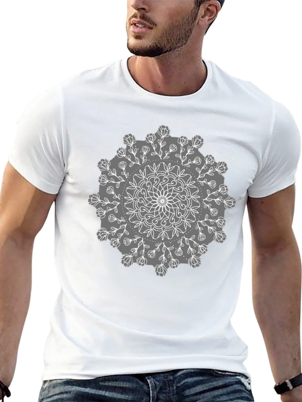 Black Tee with Mandala Flower Design