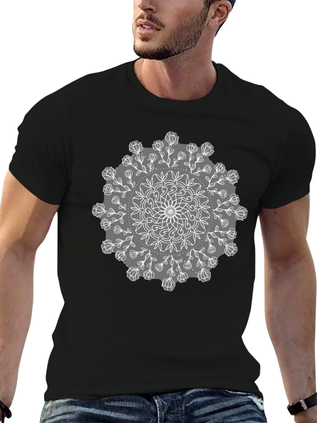Black Tee with Mandala Flower Design