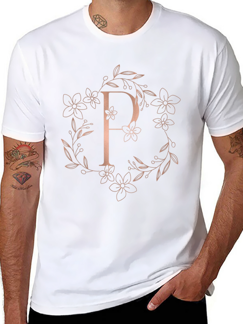 Elegant Floral P Letter Black T-Shirt