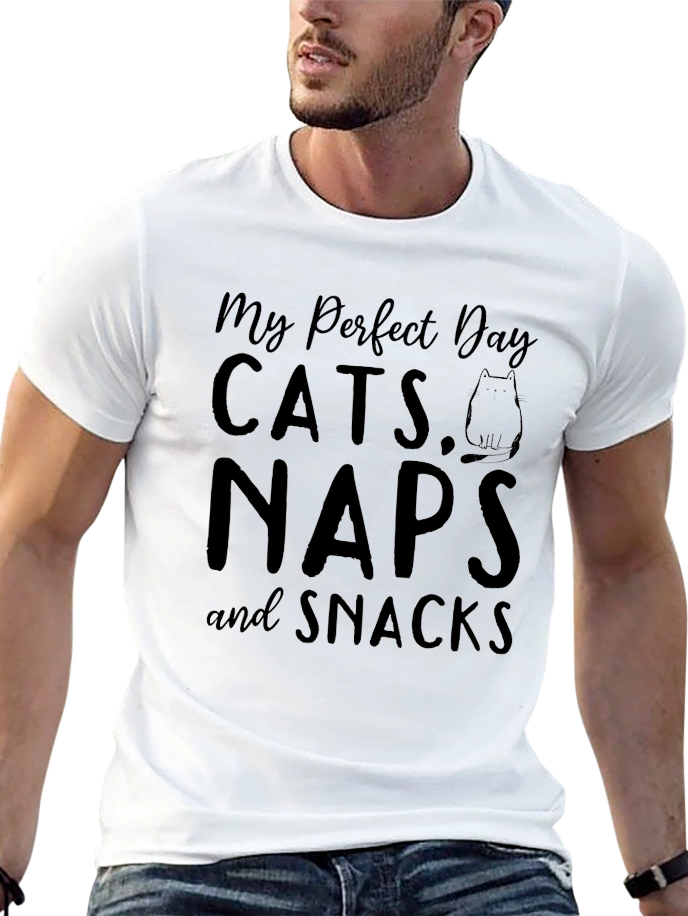 My Perfect Day: Cats Naps & Snacks Black T-Shirt