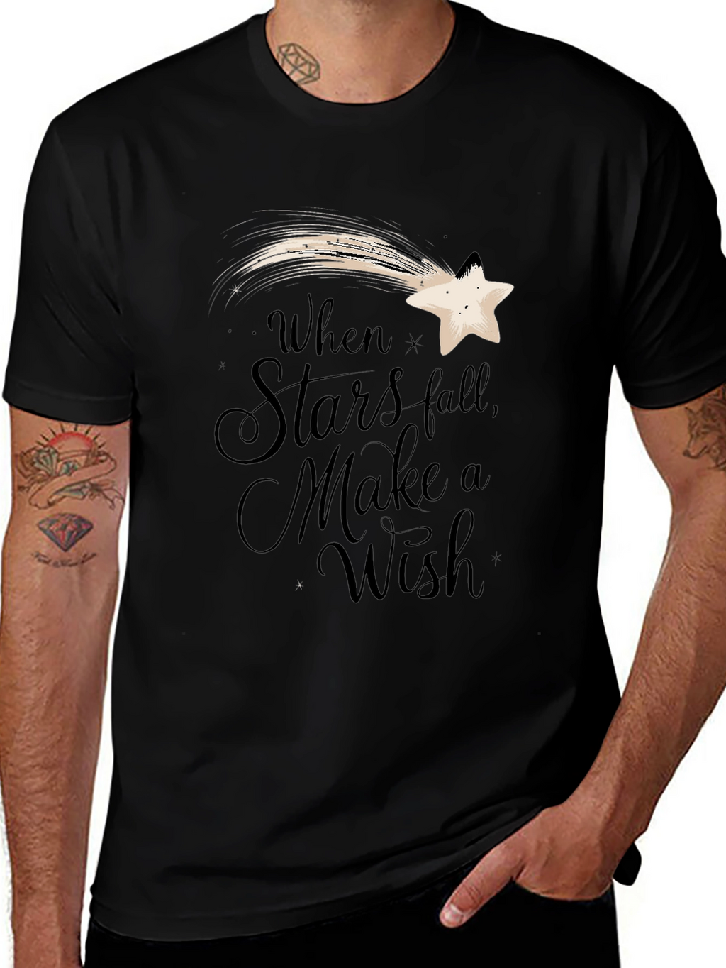 Stars Fall Wish Graphic Tee - Black Casual T-Shirt