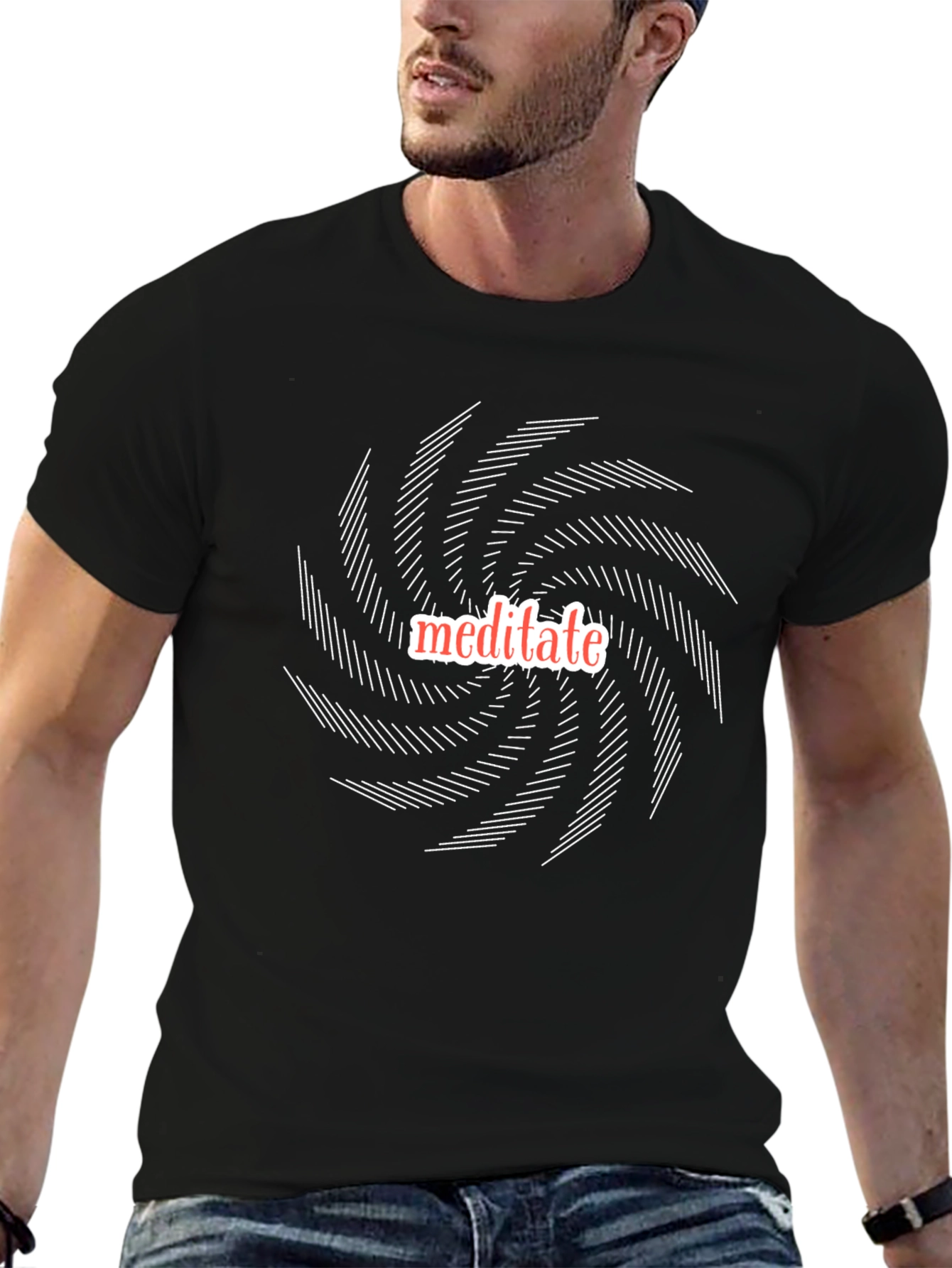 Meditate Graphic Tee - Black Cotton Spiral Design