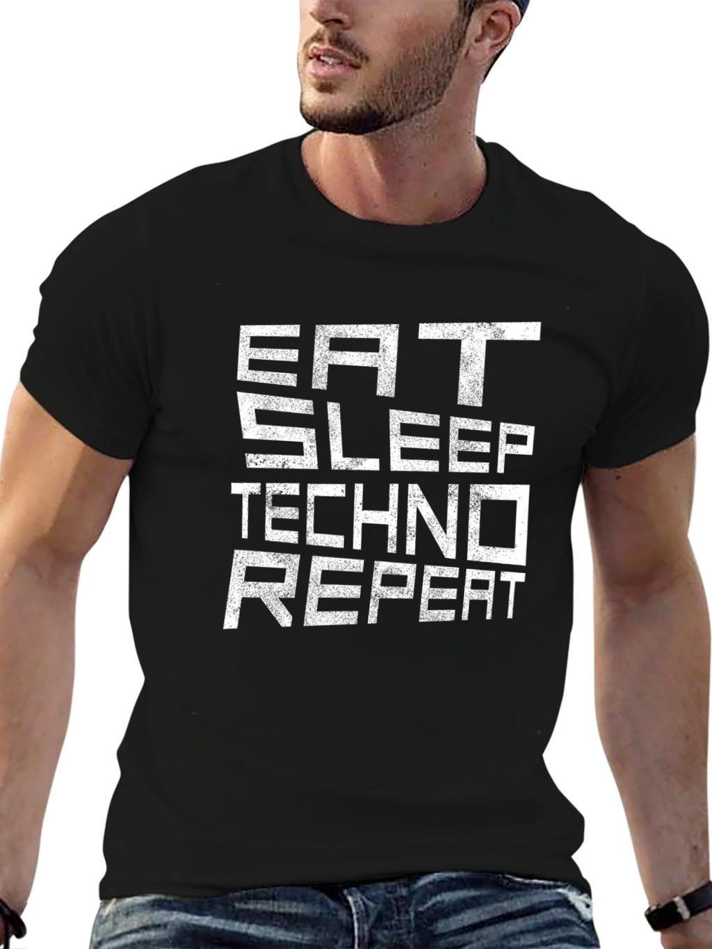 Eat Sleep Techno Repeat Black T-Shirt EDM Music Rave