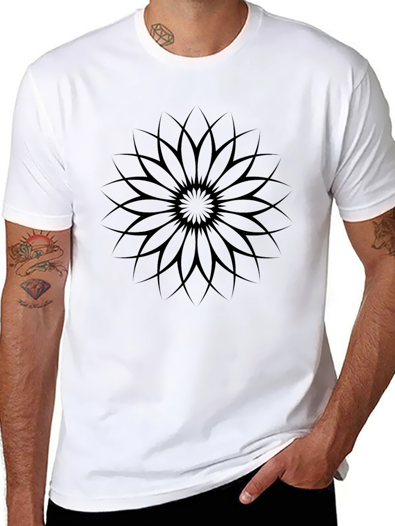 Black Graphic Tee - Geometric Flower Design