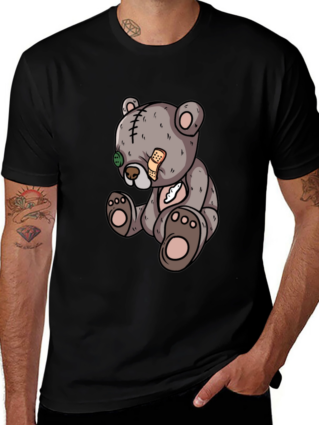 Cartoon Teddy Bear Graphic Black T-Shirt