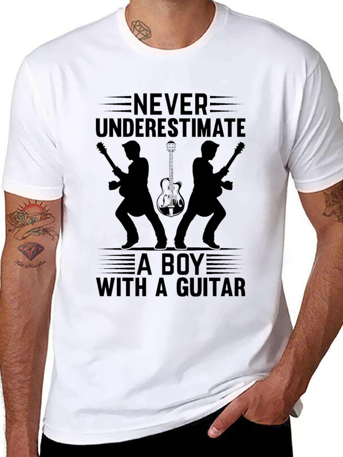 Never Underestimate Boy With Guitar Black T-Shirt