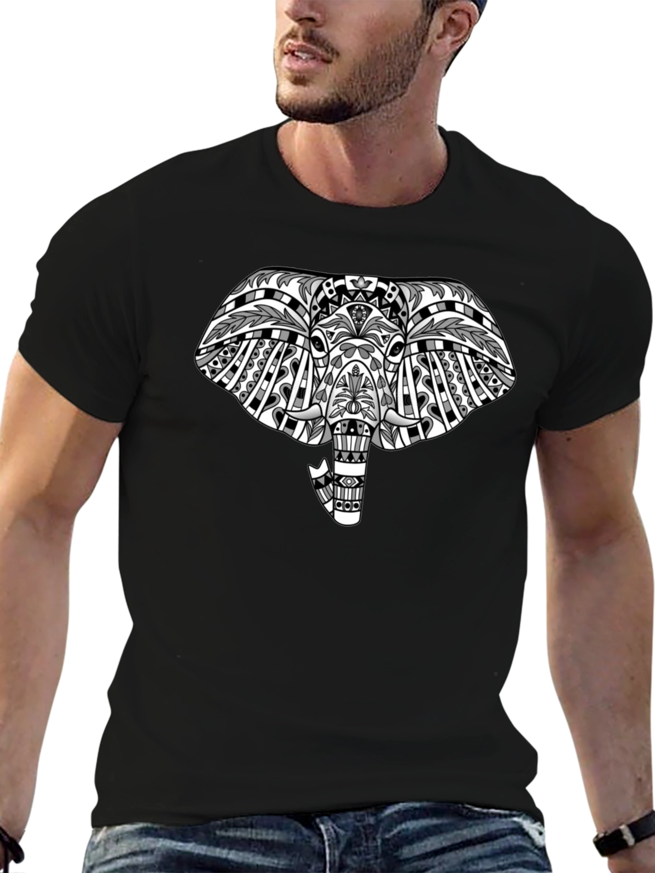 Tribal Elephant Graphic Tee - Black Cotton T-Shirt