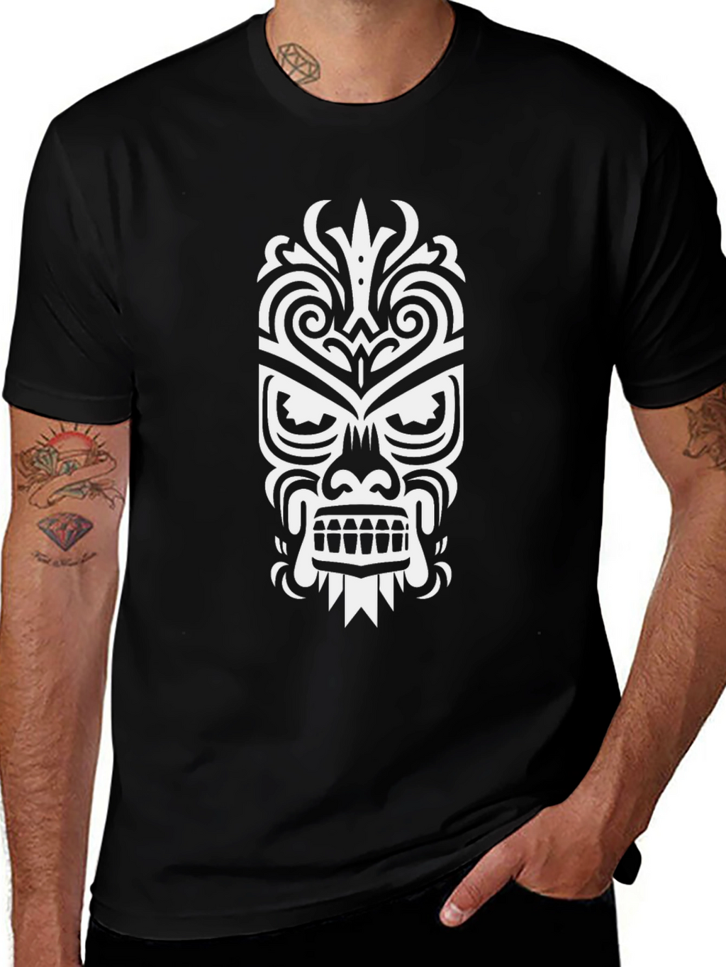 Tribal Mask Graphic Tee - Stylish Black Cotton T-Shirt