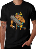 Cartoon Bull Chainsaw Black T-Shirt