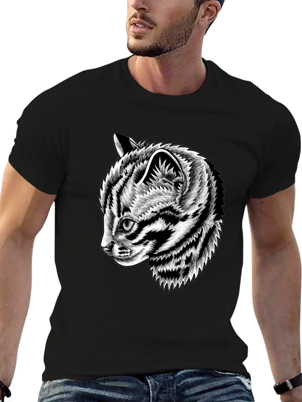 Black Graphic Tee with Cat Design