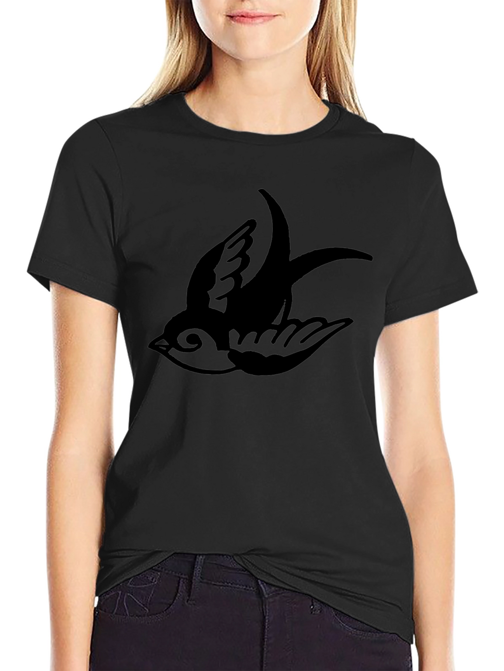 Mens Black T-Shirt with Swallow Bird Print