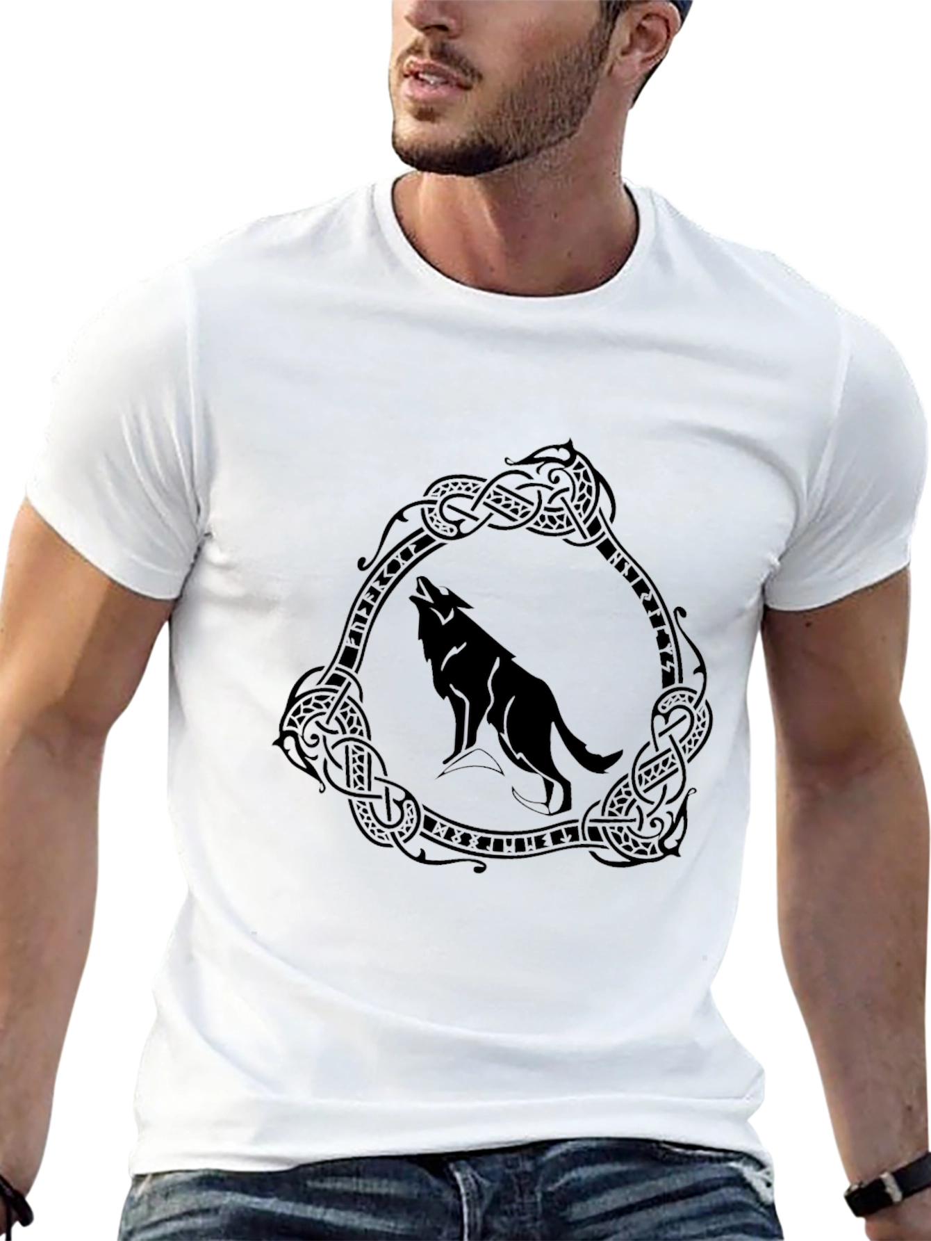 Wolf Circle Graphic Print Tee - Black